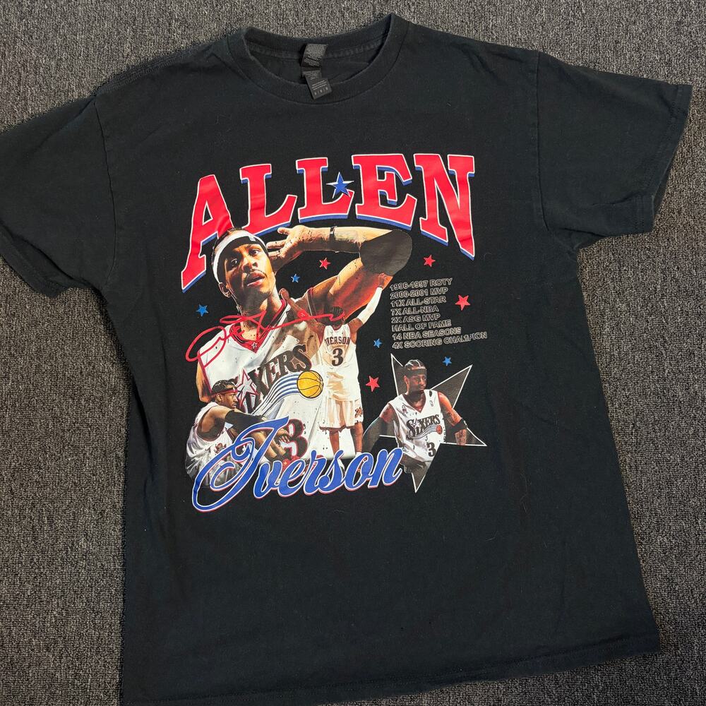 Vintage Y2k Allen Iverson 76ers Nba Basketball Black Graphic Tee Men's Medium